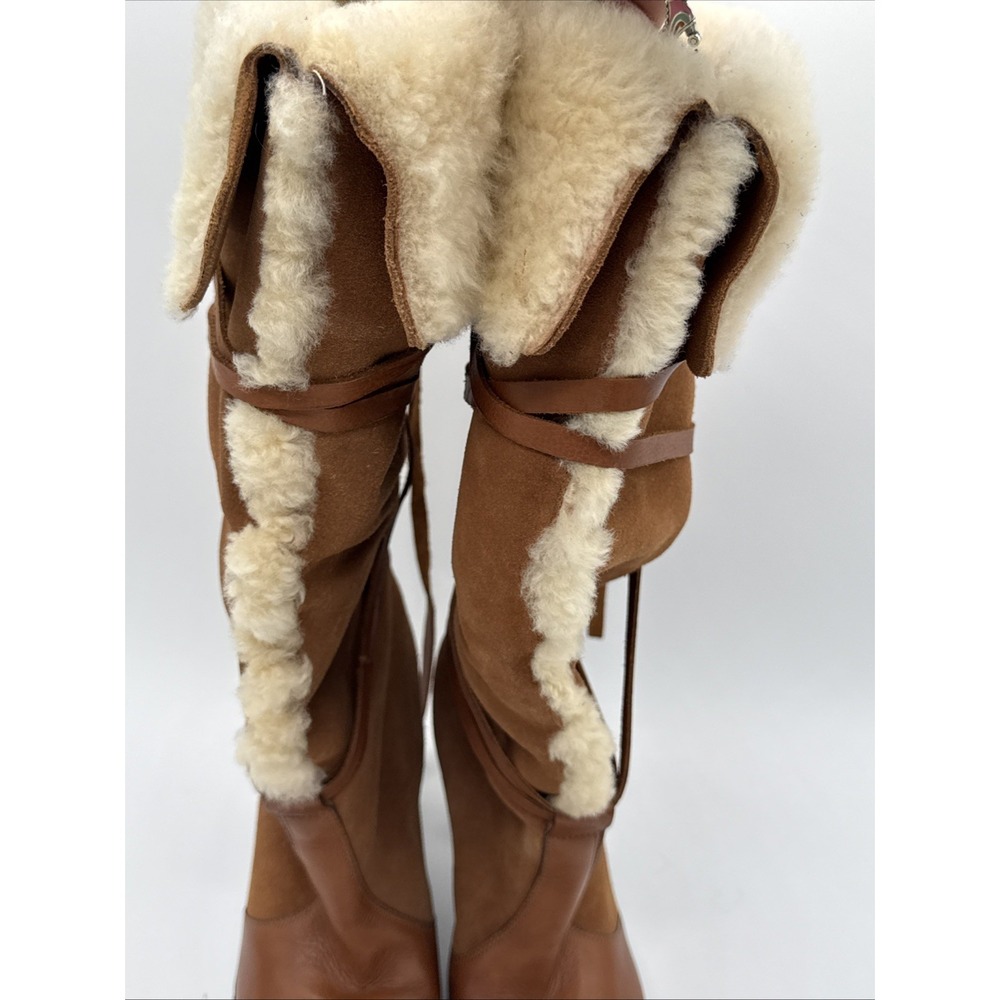 Michael Kors women's Brown Tall Sherpa Boots Heels Tie Fur  Warm Cozy 6.5 - Picture 7 of 11